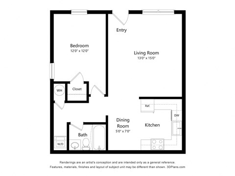 a floor plan of a studio apartment with a bedroom and a living room